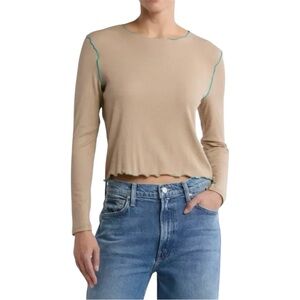 Madewell Ribbed Long-Sleeve Top w/ teal lettuce-edge trim